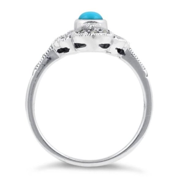 925 STERLING SILVER Simulated Turquoise Marcasite Ring - Picture 14 of 15